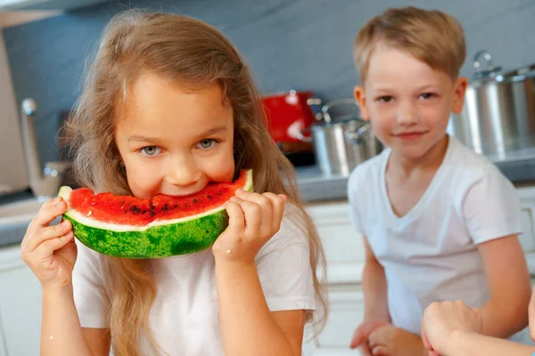 Little kids, brother and sister eating watermelon — Stock Photo, Image
