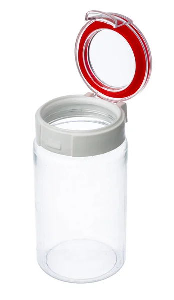 Empty plastic storage jar isolated on white — Stock Photo, Image