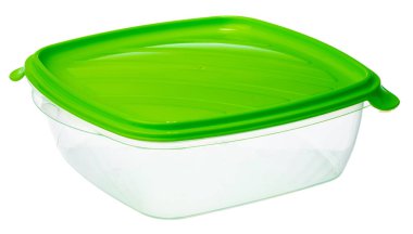 Boş plastik saklama kavanozu beyaza izole edildi