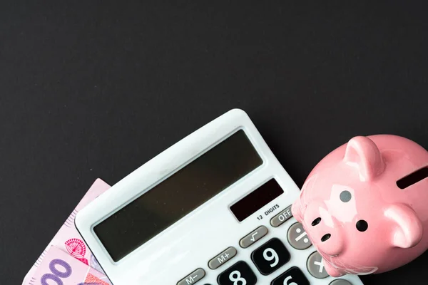 Calculadora com banco porquinho e dinheiro, hryvnas ucranianos — Fotografia de Stock