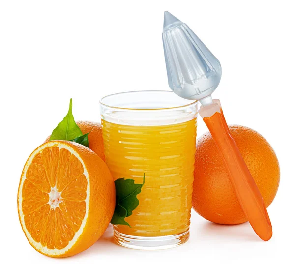 Glass of orange juice with squeezer isolated on white — Stock Photo, Image