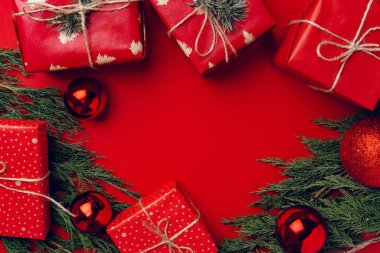 Kırmızı Noel arka planında kozalaklı dallar