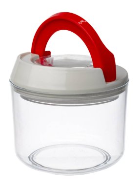 Boş plastik saklama kavanozu beyaza izole edildi