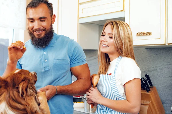 개와 함께 부엌에서 요리하는 행복 한 부부 — 스톡 사진