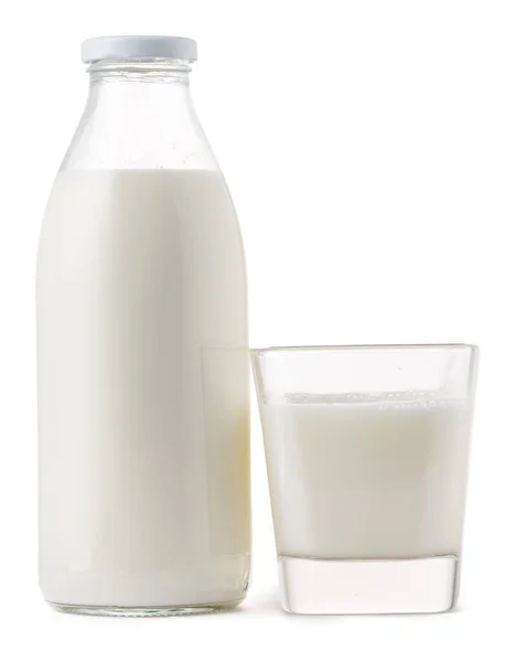 Glass bottle and cup of fresh milk isolated — Stock Photo, Image
