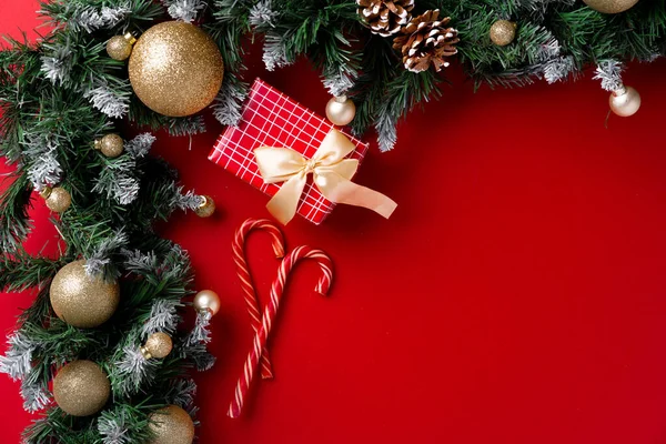 Frosted Christmas Tree Zweige auf rotem Hintergrund — Stockfoto