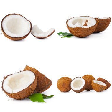 Collage of broken coconut pieces isolated on white background clipart