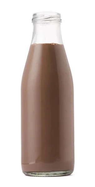 Γυάλινο μπουκάλι σοκολατούχο γάλα απομονωμένο σε λευκό — Φωτογραφία Αρχείου