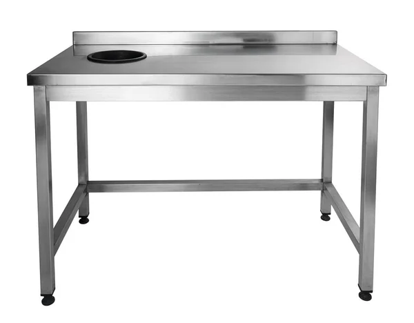 Металевий промисловий кухонний стіл для приготування їжі ізольований на білому — стокове фото