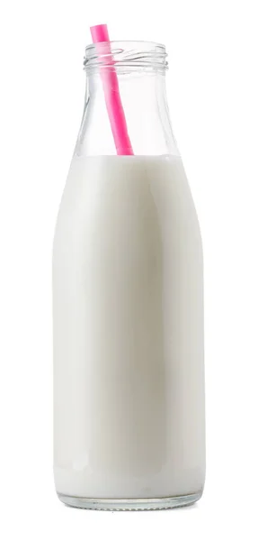 Copa de vidrio de leche con una paja aislada en blanco — Foto de Stock