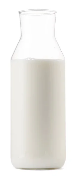 Frasco de vidro aberto de leite isolado sobre branco — Fotografia de Stock