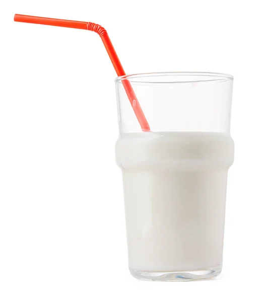 Glass cup of milk with a straw isolated on white — Stock Photo, Image