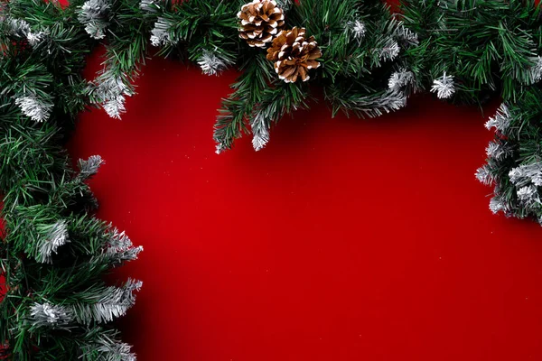 Zamrzlé vánoční strom větve na červeném pozadí — Stock fotografie