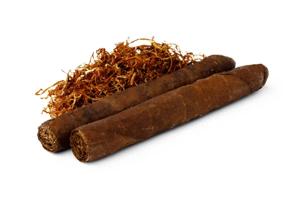 Cigare et bouquet de feuilles de tabac sèches isolés sur blanc — Photo