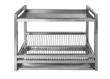 Metal endüstriyel mutfak rafı paslanmaz çelikten beyaza izole edilmiş.