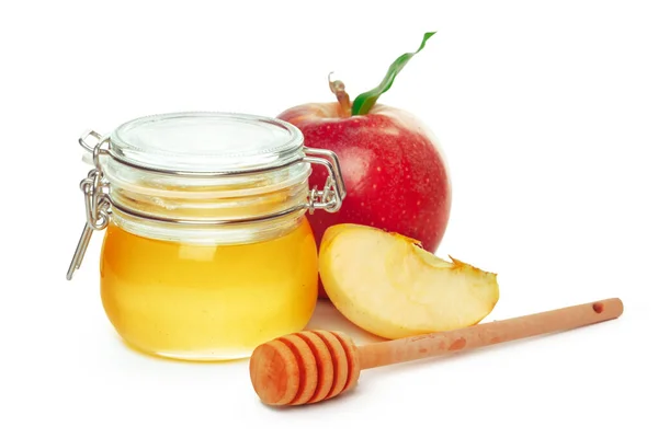 Pommes et pot de miel pour les vacances juives du nouvel an isolé sur fond blanc. Photo de haute qualité — Photo