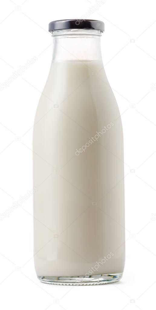 Closed glass milk bottle isolated on white background