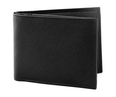 Siyah deri erkek çantası beyaz arka planda izole edilmiş.