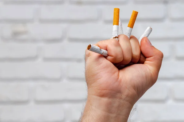 Mužská ruka lámání cigaret zblízka ukončit zvyk — Stock fotografie
