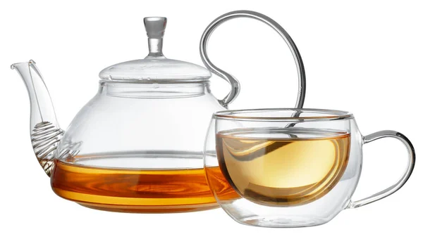 Glas Teekanne und Glas Tasse mit Tee isoliert auf weiß — Stockfoto