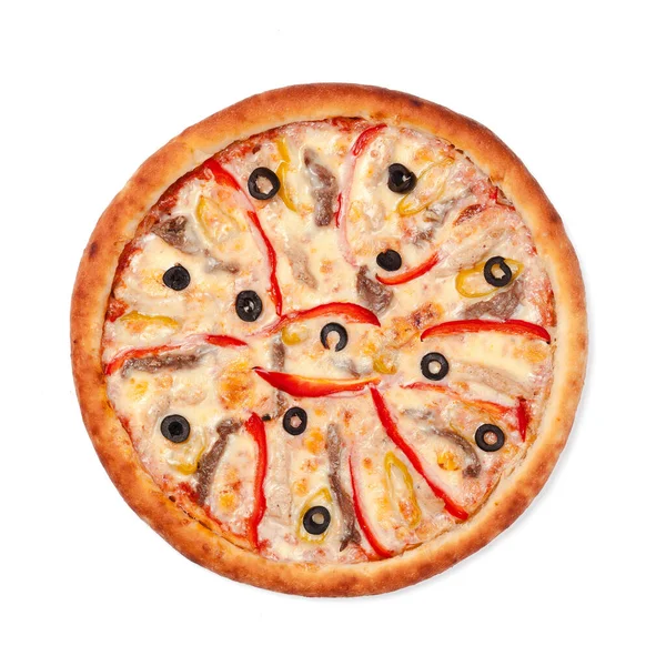 Vista superior de pizza redonda aislada en blanco — Foto de Stock