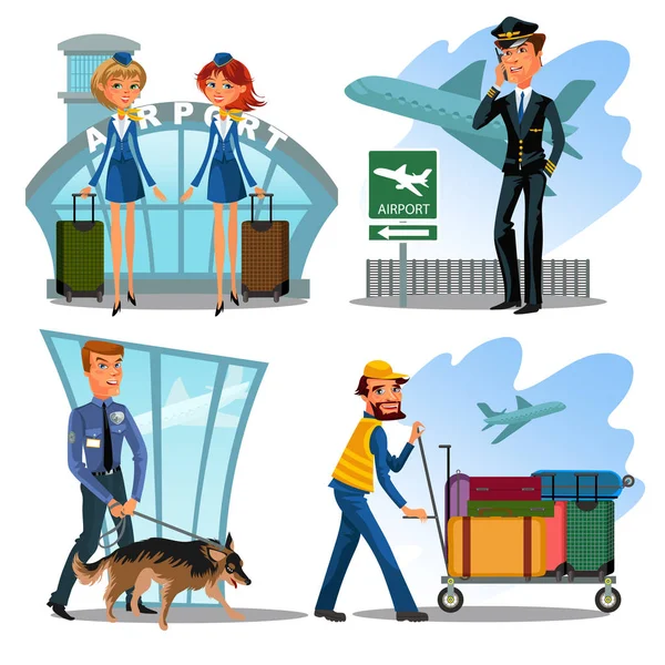 Luchthaven werknemers set, bewaker met hond voor veiligheid, piloot van het vliegtuig is wachten op vertrek en telefoon, de meisjes stewardess met koffers, praten man bezig is met trolley met bagage vector — Stockvector