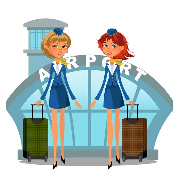 Здание аэропорта и стюардессы девушки в форме с чемоданами в руках, персонал воздушного движения, стюардесса авиакомпании кавказская женщина имеют багаж изолированные векторные иллюстрации, концепция полета — стоковый вектор