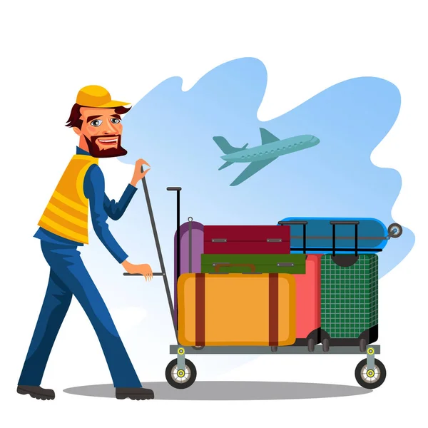 Male employee is carrying cart with baggage of suitcases and bags at airport on background of take-off plane, a man in a service uniform airplane in sky, a staff with a luggage vector illustration — Stock Vector
