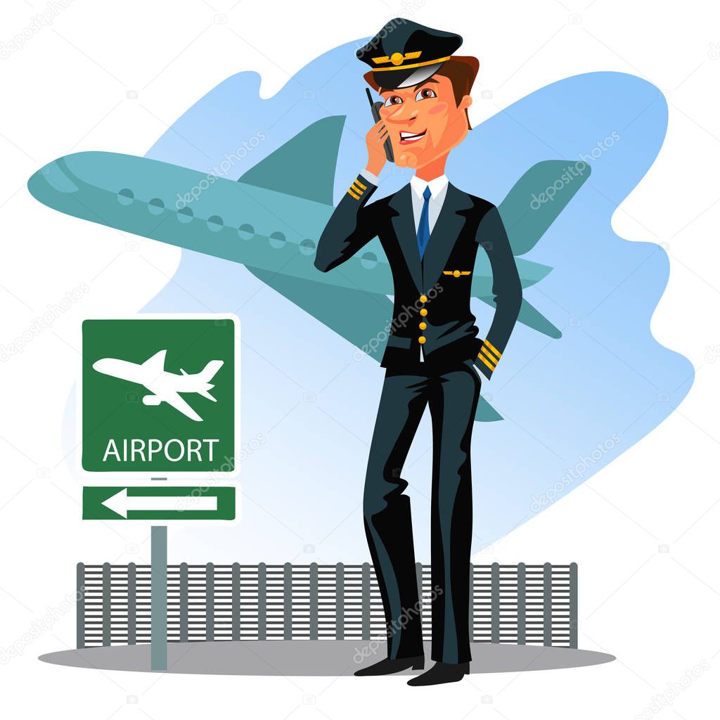 pilot wear uniform with tie talking by phone in airport, man background airplane under sky, flight concept vector illustration