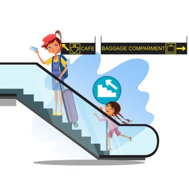 woman in modern airport, people traveling with luggage Travel icon design, Mom holds suitcase rises with her daughter on escalator to land plane, mother and girl climb stairs vector illustration over clipart