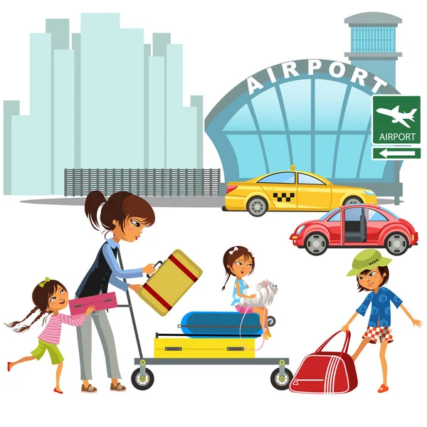 Family woman with girls in taxi waiting transfer to airport. Mom with three children carrying trolley with luggage on city street near red car vector illustration — Stock Vector