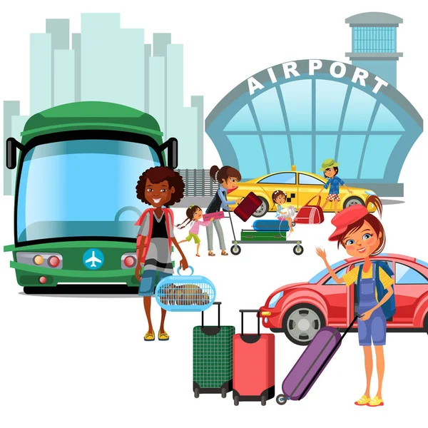 Havaalanı transferi, kamu ulaşım otobüs, Aile Anne Çocuk kepp ile onun Bagaj taşıma, mutlu ve araba yolcular illüstrasyon vektör bekleyen taksi gibi
