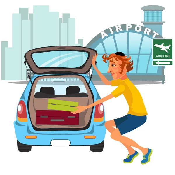 Man takes luggage out of car and ready for travel travel by airplane flight, auto transfer to airport. Guy on city street near automobile vector illustration — Stock Vector