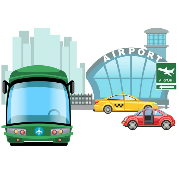 空港のレンタカー、高速バス転送、タクシー輸送モードの高速移動ベクトル図の建物の外で待っている車 — ストックベクタ