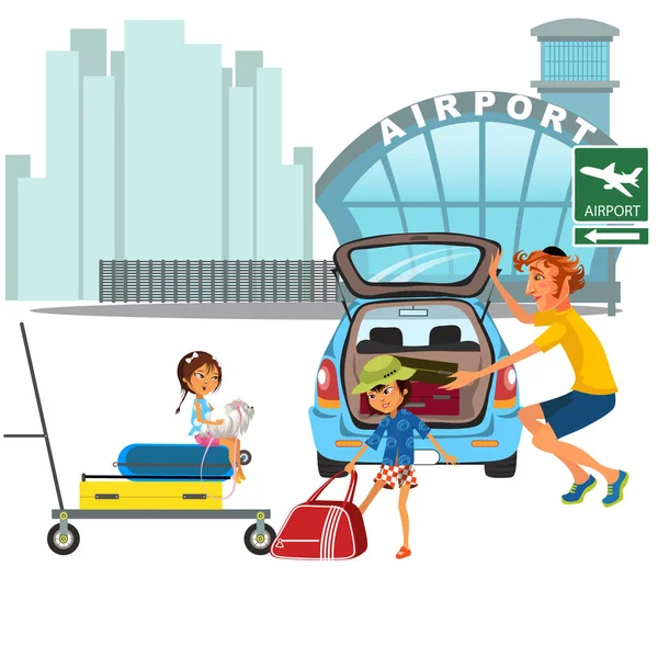Homem de família com transferência de carro meninas para o aeroporto. Papai com crianças carregando carrinho com bagagem na rua da cidade perto de automóvel pronto para viajar de avião vetor ilustração —  Vetores de Stock