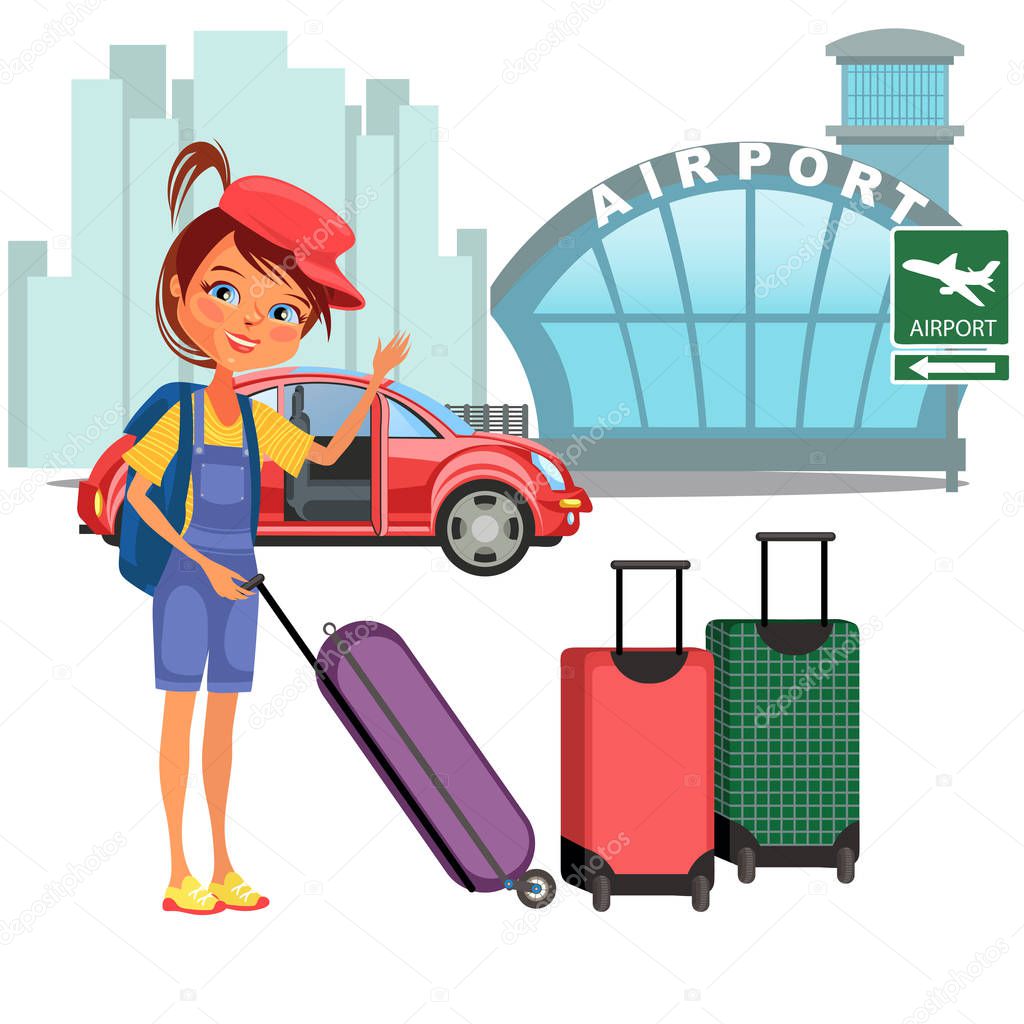 Womanan and her luggage came by car and ready to flight, auto transfer to airport building vector illustration, girl holding suitcase for airline travel