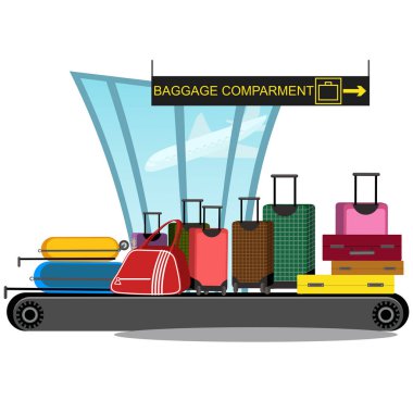 Havaalanı konveyör bant yolcu Bagaj çanta ile illüstrasyon vektör. terminal Bagaj ve bavul taşımacılığında geldikten sonra tatil seyahat kavramı.