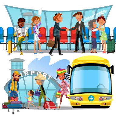 Witing Oda Havaalanı pencere ve satır koltukları, illüstrasyon, işadamları sıkışalım, duygusal karşılaşma çok uluslu newspapaer okuma terminal, Afrikalı-Amerikalı adam insanlarda vektör