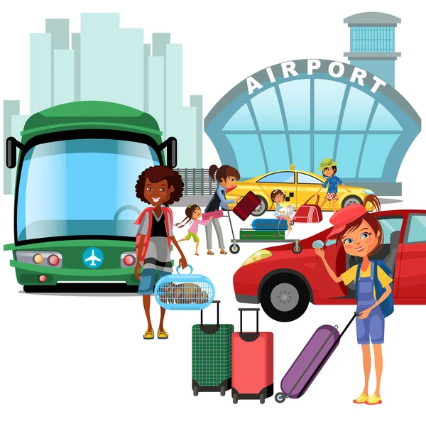 Airport Transfer Public Transport Car Bus Happy Family Mother Kids — Stock Vector