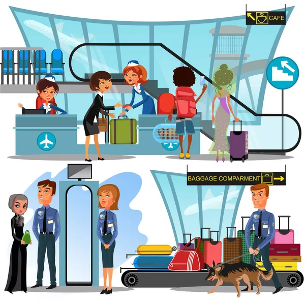 Check Airport Lady Counter Man Woman Passengers Luggage Vector Illustration — Stock Vector