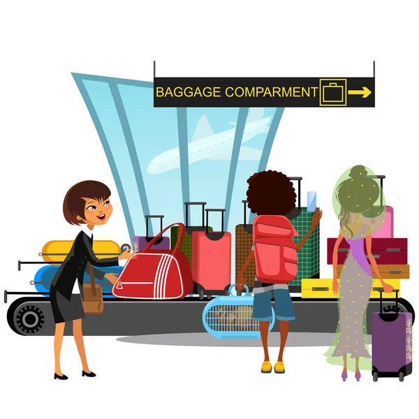 Nastro Trasportatore Aeroporto Con Passeggeri Prendere Bagagli Vettoriale Illustrazione Trasporto — Vettoriale Stock