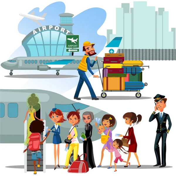 People climb ladder aboard plane, landing men and women on airplane at airport vector illustration, passengers with bags suitcase sut go up stairs to aircraft, Man carries trolley luggage for loading — Stock Vector