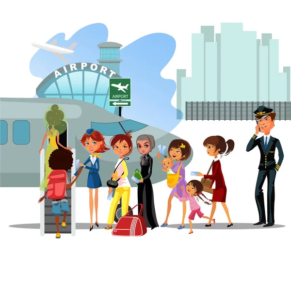 İnsanlar uçak, açılış erkek ve kadın gemiye Havaalanı vektör çizim, uçakta merdivene, çanta ve bavul sut ile yolcu uçakları için yukarı çık