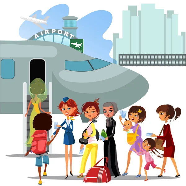 People climb ladder aboard plane, landing men and women on airplane at airport vector illustration, passengers with bags and suitcase sut go up stairs to aircraft — Stock Vector