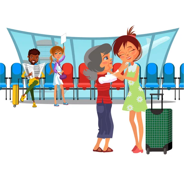 Witing Oda Havaalanı pencere ve satır koltukları, terminal, Afrikalı-Amerikalı adam okuma newspapaer vektör çizim, duygusal toplantı, annem çok uluslu insanlarda kucaklayan yetişkin bir kızı