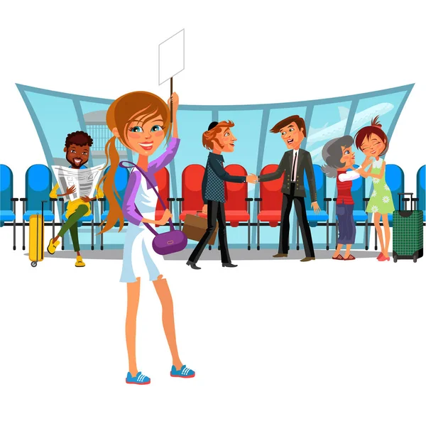 Witing room airport window and rows of chairs, multinational people in terminal, vector illustration, emotional meeting, meeting at airport, girl with sign waiting arrival aircraft — Stock Vector