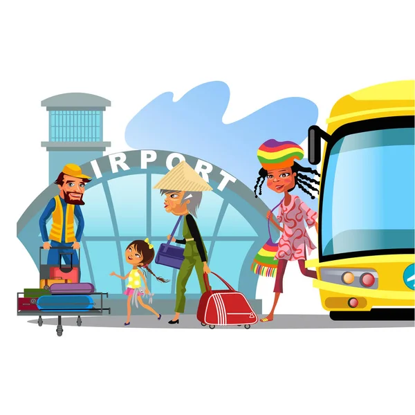 Transporte do aeroporto, transporte público como ônibus, mãe família multinacional feliz com crianças kepp sua bagagem para ilustração vetor de transporte —  Vetores de Stock