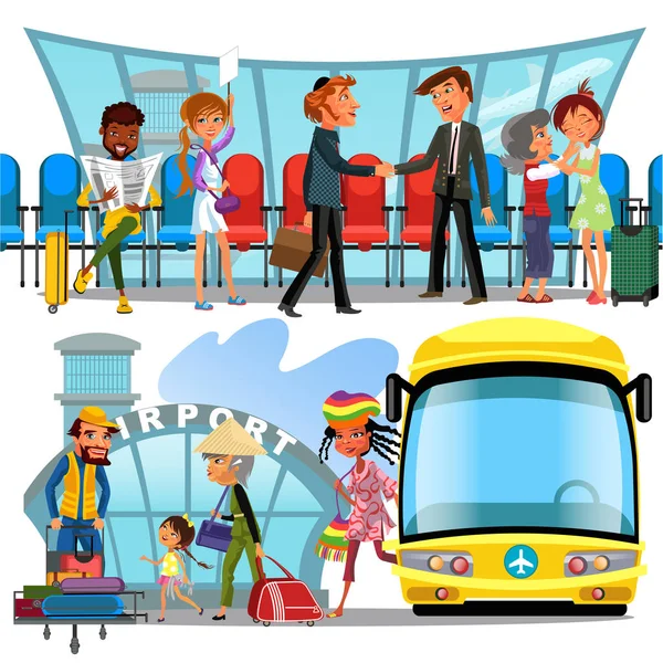 Witing Oda Havaalanı pencere ve satır koltukları, illüstrasyon, işadamları sıkışalım, duygusal karşılaşma çok uluslu newspapaer okuma terminal, Afrikalı-Amerikalı adam insanlarda vektör