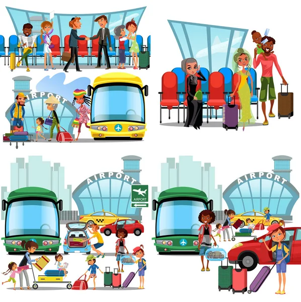 People in airport flat color icons set of pilot stewardess tourists with travel bags at checkpoint and security screening isolated vector illustration — Stock Vector