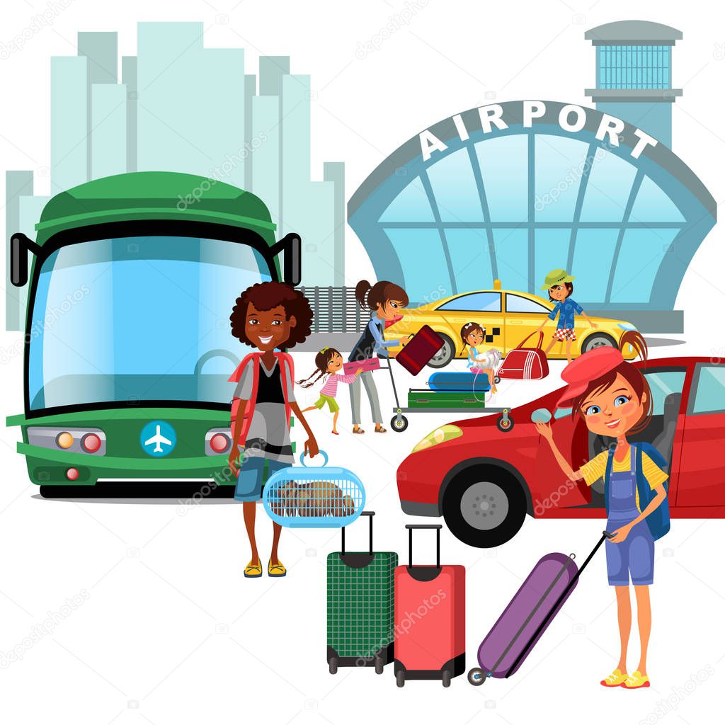 airport transfer, public transport like car and bus, happy family mother with kids kepp his luggage for transportation, taxi waiting for passengers vector illustration.
